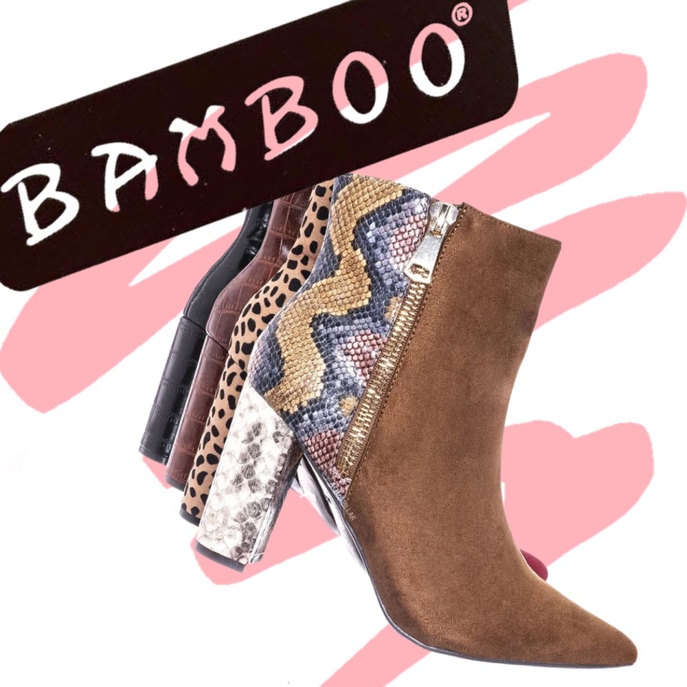 Bamboo Cognac Snake Print Color Block Heel Boot 10 - image 7